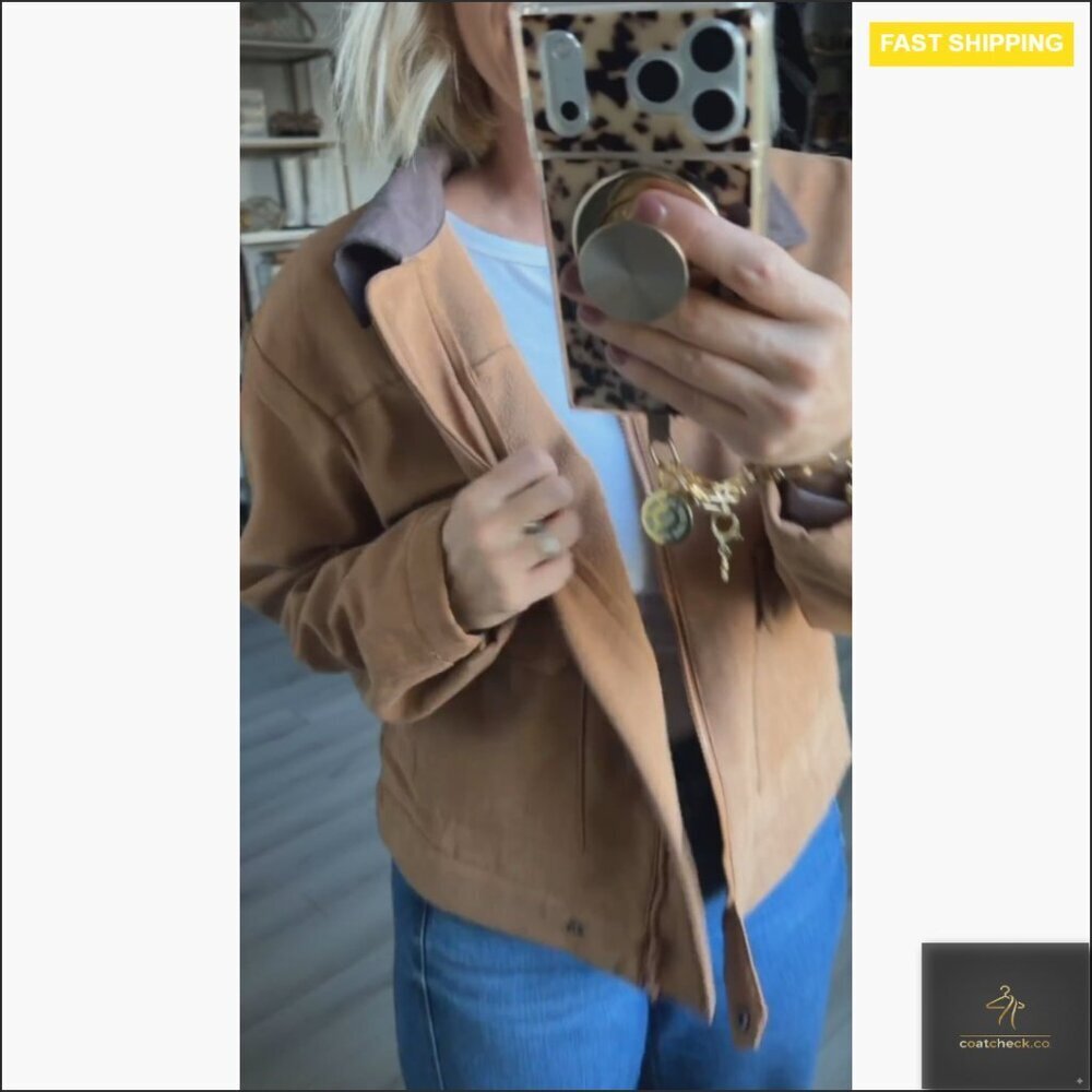 Faux Suede Cropped Jacket Fleece Lined Zip Up Casual Outerwear with Pockets - Picture 6 of 7